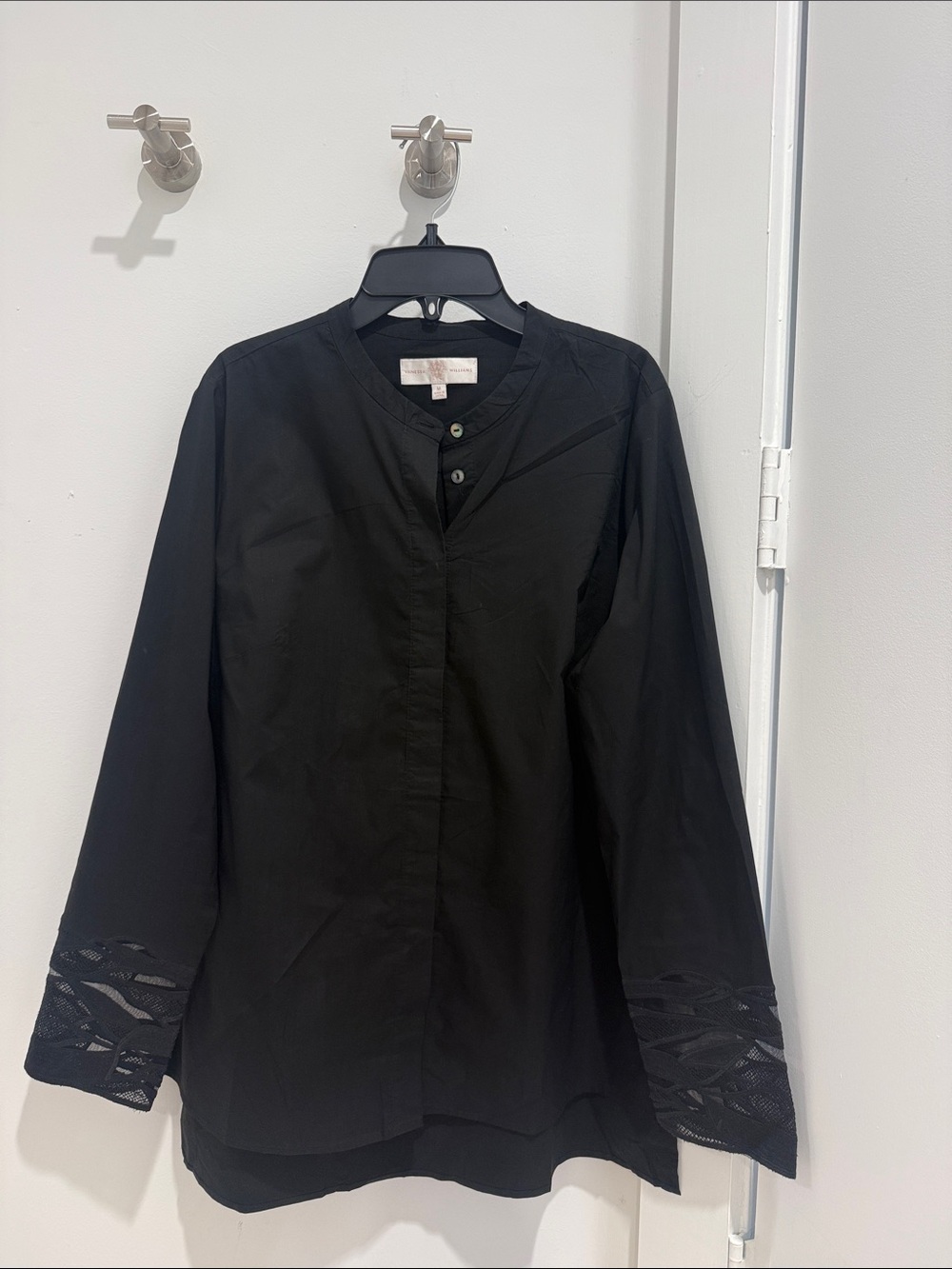Black Women's Long-Sleeve Blouse with Lace Cuff Detail